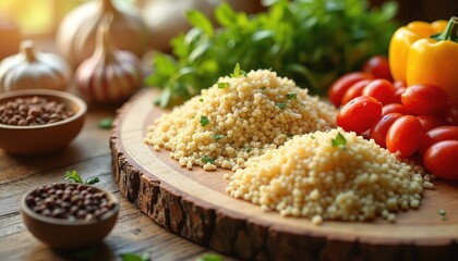 Two piles of couscous sit on rustic wood board with cherry tomatoes and yellow bell pepper. Ingredients for a healthy meal preparation. Garlic and beans are visible in background bowls.