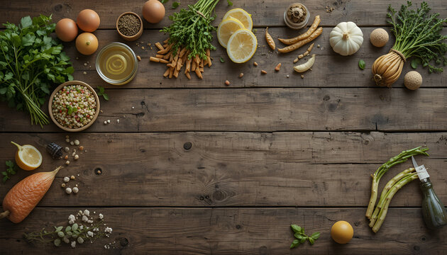 Overhead shot of wooden table with fresh vegetables and cooking ingredients laid out - Powered by Adobe