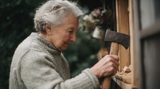 Elderly woman with white hair, wearing a gray sweater, working on a wooden structure with an axe. she is holding the axe with both hands and appears to be in the process of chopping wood. - Powered by Adobe