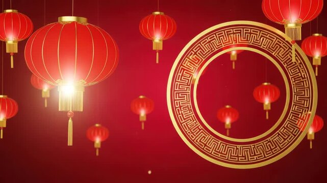 Glimmering red chinese lanterns and golden frame on festive red