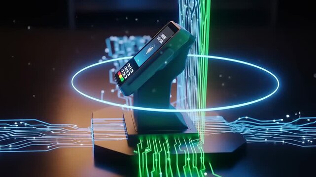 Futuristic Technology Concept - Digital Payment Terminal and Circuitry.