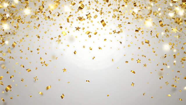 Elegant white background with falling gold confetti around edges