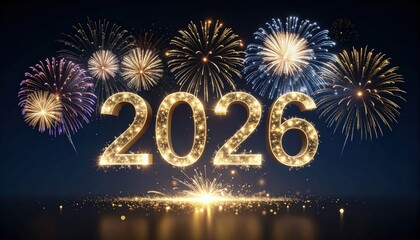 Celebrate the arrival of 2026 with stunning golden numbers blazing beneath a vibrant night fireworks display
