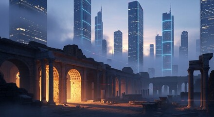 Fototapeta premium Ancient ruins and modern skyscrapers cityscape conceptual art