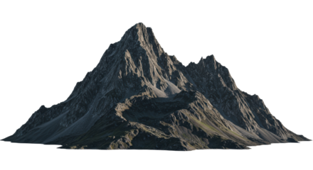 massive, rugged stratovolcano range with granite peaks, isolated on a transparent infinity background. dramatic high-contrast lighting emphasizes texture and scale. concept for corporate advertising