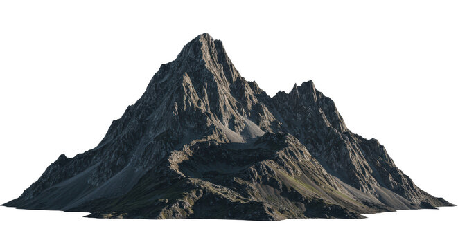 massive, rugged stratovolcano range with granite peaks, isolated on a transparent infinity background. dramatic high-contrast lighting emphasizes texture and scale. concept for corporate advertising