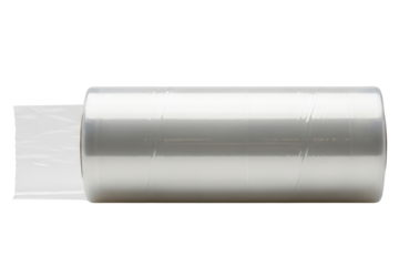 Roll of clear plastic stretch cling film for food packaging on a transparent background