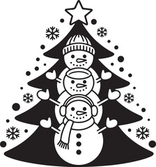 Three smiling snowmen stacked as christmas tree topped star snowflakes around winter season holiday art