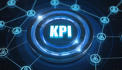 KPI indicator: An abstract representation of business key performance indicators (KPI) on digital screen, symbolizing business metrics and goals, connected via network.