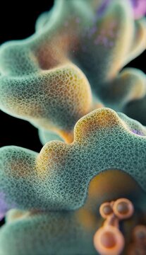 This is a colored scanning electron micrograph (SEM) showing an amoeba (a single-celled protozoan) with bulbous pseudopodia, displaying a textured surface in hues of green, purple, and yellow