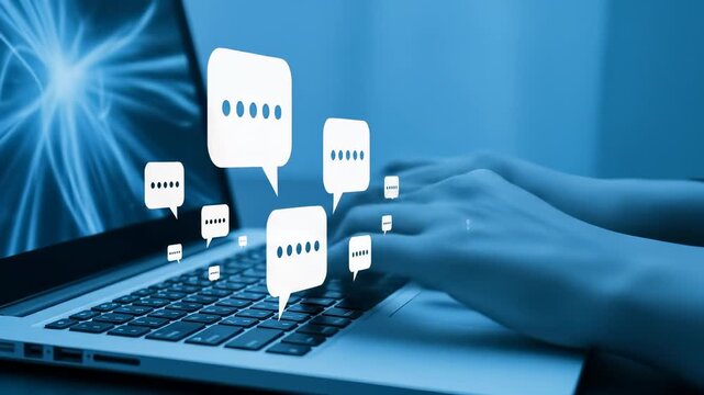 Typing on Laptop with Chat Bubbles - Online Communication and Messaging Concept