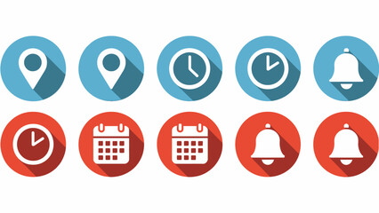 Collection of Modern Flat Design Icons Location Clock Calendar and Notification Representing Time and Place Reminders and Announcements
