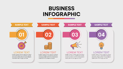 Fototapeta premium Colorful Business Infographic with Four Steps for Presentation and Report Design Template Visualization Process Flow Chart Strategy and Planning Data Analysis