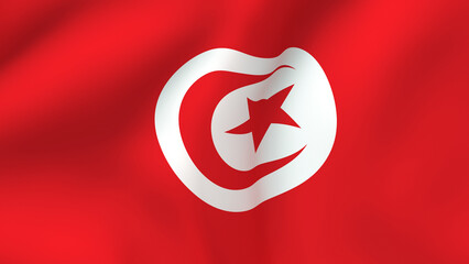 Waving Flag of Tunisia, National Symbol with Red Field, White Circle, Crescent, and Star