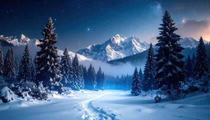 Stunning winter wonderland path winding through snow covered pine forest under a brilliant starry night sky