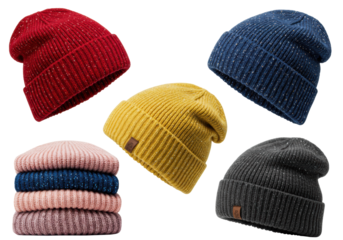 Six distinct metallic knit winter beanies (red, blue, yellow, pink, grey) arranged on a bright white studio background, emphasizing luxury winter fashion concept