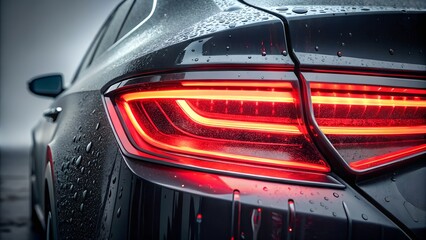 Abstract Modern Car Tail Light Close-up, Red LED Lines on Metallic Surface, Dark Automotive Background