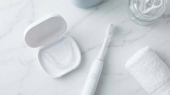 Electric toothbrush and dental aligner on bathroom counter