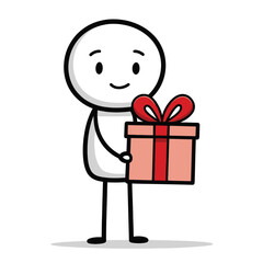 Stick figure giving a gift box with red ribbon