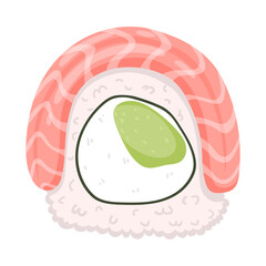 A sushi roll is displayed with layers of salmon on top and avocado in the center. The presentation is minimal and colorful, highlighting the fresh ingredients used in making the dish