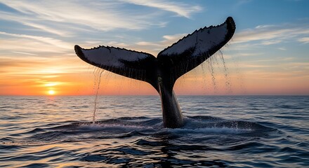 Humpback whale tail emerging from the ocean at sunset.