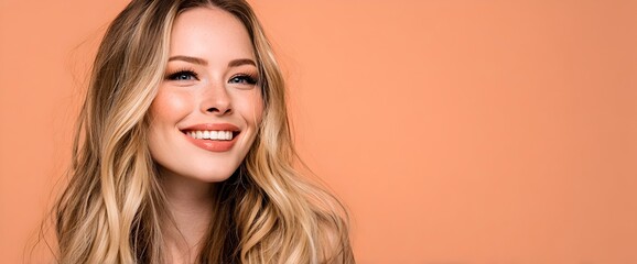 A smiling young woman with long, wavy blonde hair posing against a soft peach background. Her bright expression, clear skin, and natural makeup create a warm, cheerful, and vibrant portrait.