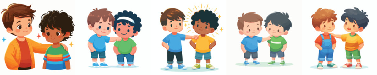 little boy gives support to friend with hand on shoulder gesture