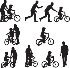 Obraz premium Adults teaching children to ride bicycles silhouettes
