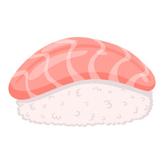 illustration piece of salmon sushi is placed on rice isolated on white. sushi shows pink salmon on top of white rice. This food is prepared for lunch in a restaurant setting