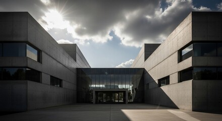 Fototapeta premium Architectural concrete building facade exterior under cloudy sky