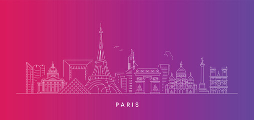 Minimalist Paris Skyline Line Art with Eiffel Tower, Arc de Triomphe, Louvre Pyramid, Notre Dame, and Famous Landmarks &ndash; Vector Illustration for Travel, Tourism, and Design