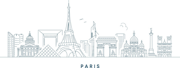 Minimalist Paris Skyline Line Art with Eiffel Tower, Arc de Triomphe, Louvre Pyramid, Notre Dame, and Famous Landmarks &ndash; Vector Illustration for Travel, Tourism, and Design