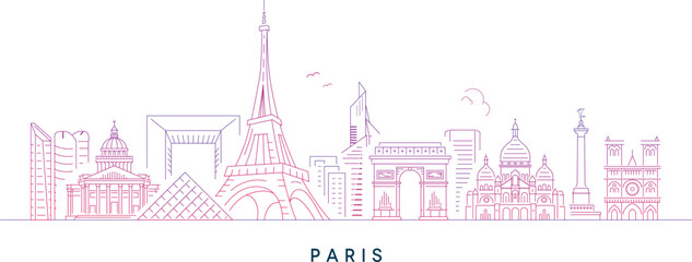 Minimalist Paris Skyline Line Art with Eiffel Tower, Arc de Triomphe, Louvre Pyramid, Notre Dame, and Famous Landmarks &ndash; Vector Illustration for Travel, Tourism, and Design