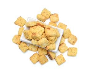 Garlic and cheese bread slices on white background