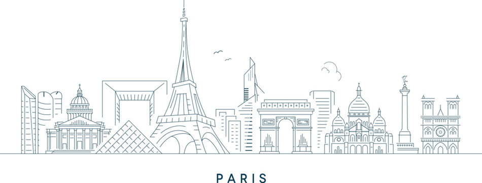 Minimalist Paris Skyline Line Art with Eiffel Tower, Arc de Triomphe, Louvre Pyramid, Notre Dame, and Famous Landmarks &ndash; Vector Illustration for Travel, Tourism, and Design