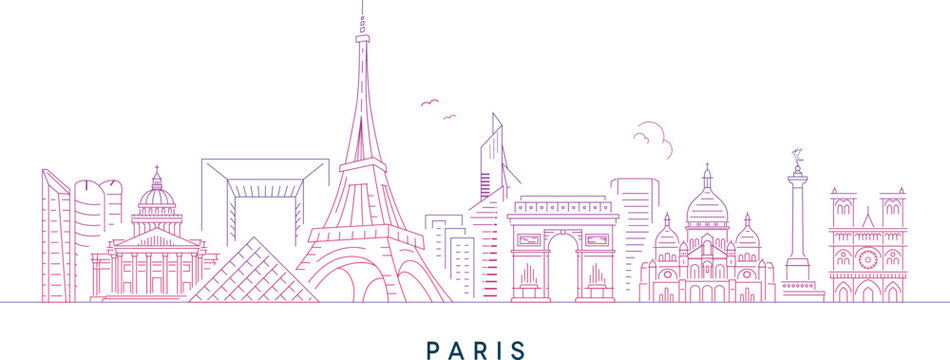 Minimalist Paris Skyline Line Art with Eiffel Tower, Arc de Triomphe, Louvre Pyramid, Notre Dame, and Famous Landmarks &ndash; Vector Illustration for Travel, Tourism, and Design