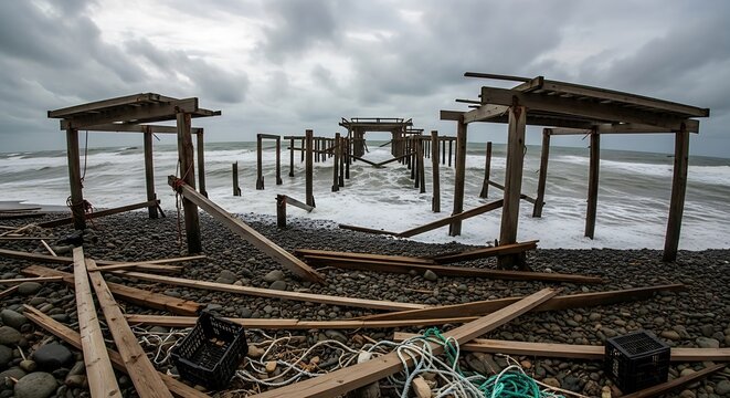Dilapidated Wooden Pier on a Stormy Beach with Crashing Waves and Overcast Sky. - Powered by Adobe