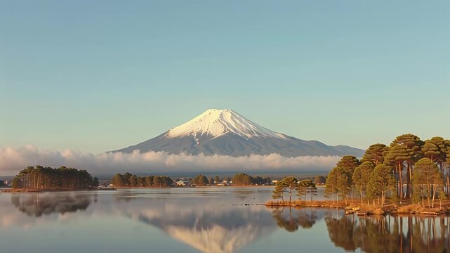 Mountain landscape with lake and trees reflecting in water on a sunny day