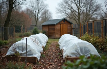 Naklejka premium Garden beds covered with white fabric protect plants from frost and cold weather. Autumn preparation for winter ensures plant survival. A small wooden shed stands in the background.