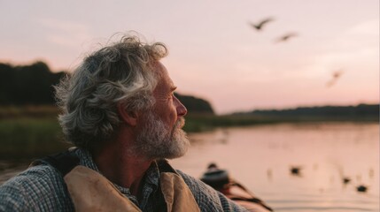 Elderly man with curly white hair and a beard, sitting in a boat on a lake. he is wearing a blue and white checkered shirt and a brown vest.
