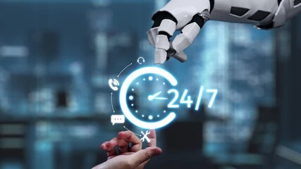 A creative concept showcasing a human hand reaching towards a robotic hand with a glowing clock icon symbolizing continuous 24-hour availability in a modern digital workspace. Auvana - Powered by Adobe