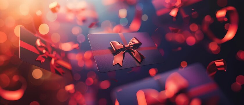 Luxury gift card wrapped with ribbon amid glowing bokeh lights. Elegant festive composition perfect for promotions, holidays, or online store banners.
