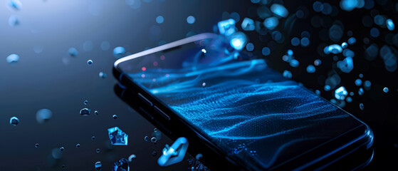 Futuristic smartphone with a glowing digital security hologram, cyber network lines and bright circuit board elements, symbolizing advanced mobile protection, encryption and high-tech data safety.