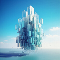 Futuristic Glass Crystal Structure Floating in Sky, Abstract 3D Architecture and Modern Digital Art Concept