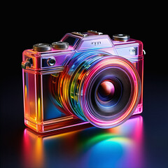 Colorful 3D Holographic Camera Icon, Futuristic Glass Neon Design for Photography, Creativity, and Digital Media Concept 