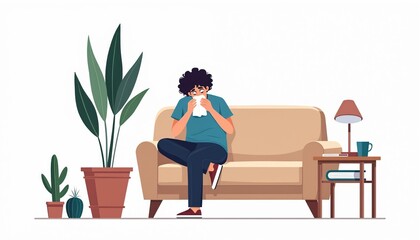 Young man sits on a comfy sofa, holding a tissue to his nose. He sneezes, feeling ill with a common cold or flu. He needs rest at home, recovering from sickness. This health problem shows wellness.
