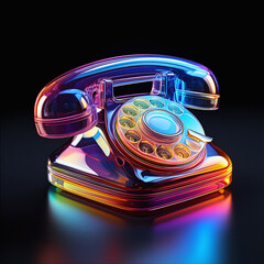 Colorful Neon Glass Rotary Telephone, Futuristic 3D Holographic Vintage Phone Symbolizing Communication and Retro Technology