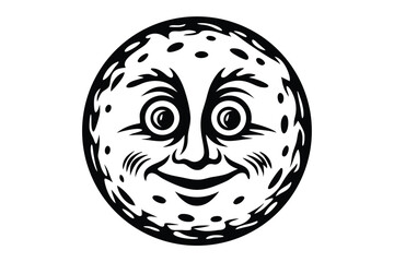 Smiling moon face is depicted with craters and radiating features in black and white