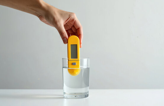 Hand holds yellow water quality tester, dipping into clear glass. Measures drinking water characteristics, pH levels, dissolved solids. Modern device checks tap water hardness, ensuring liquid