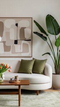 Cozy living room interior with modern art and natural light